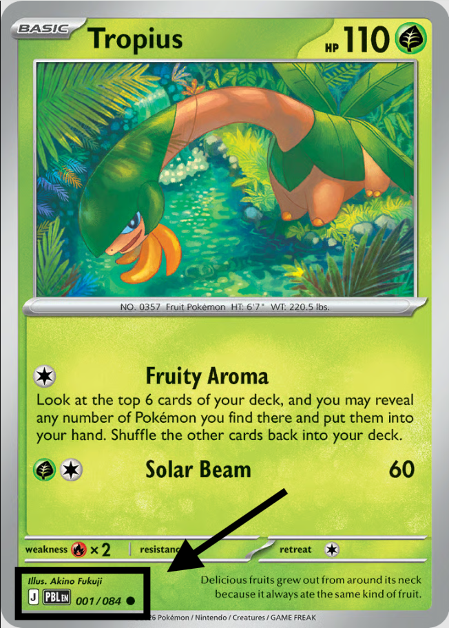 Example Pokémon card with its lower-left set symbol and collector number highlighted